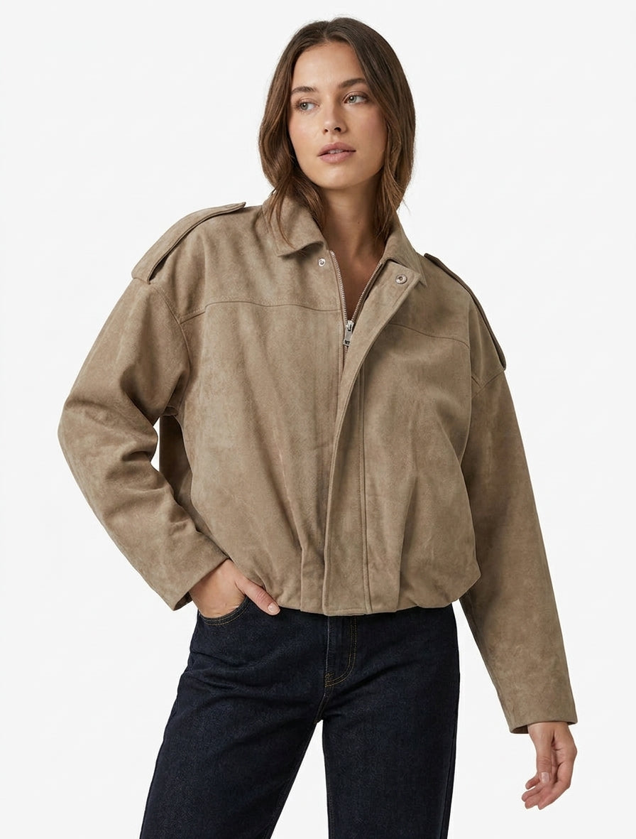 Suede-Effect Bomber Jacket with Epaulettes - Taupe