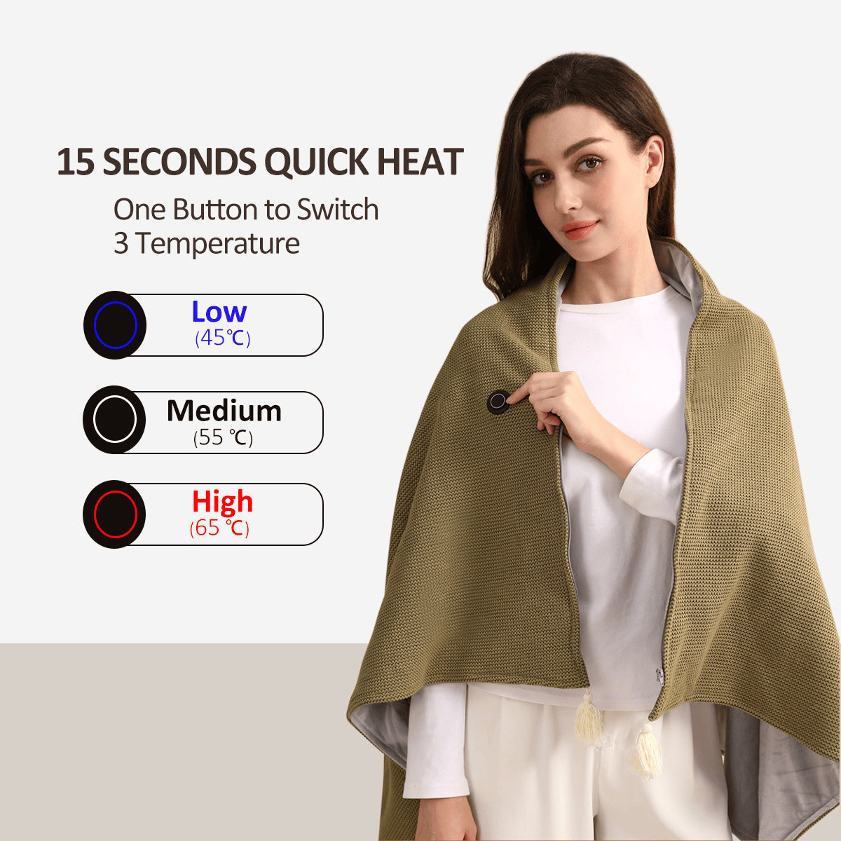 Portable Electric Heated Wrap Blanket – 15 Sec Fast Heat with 3 Temperatures – Ideal for Home, Office, Travel & as Gift