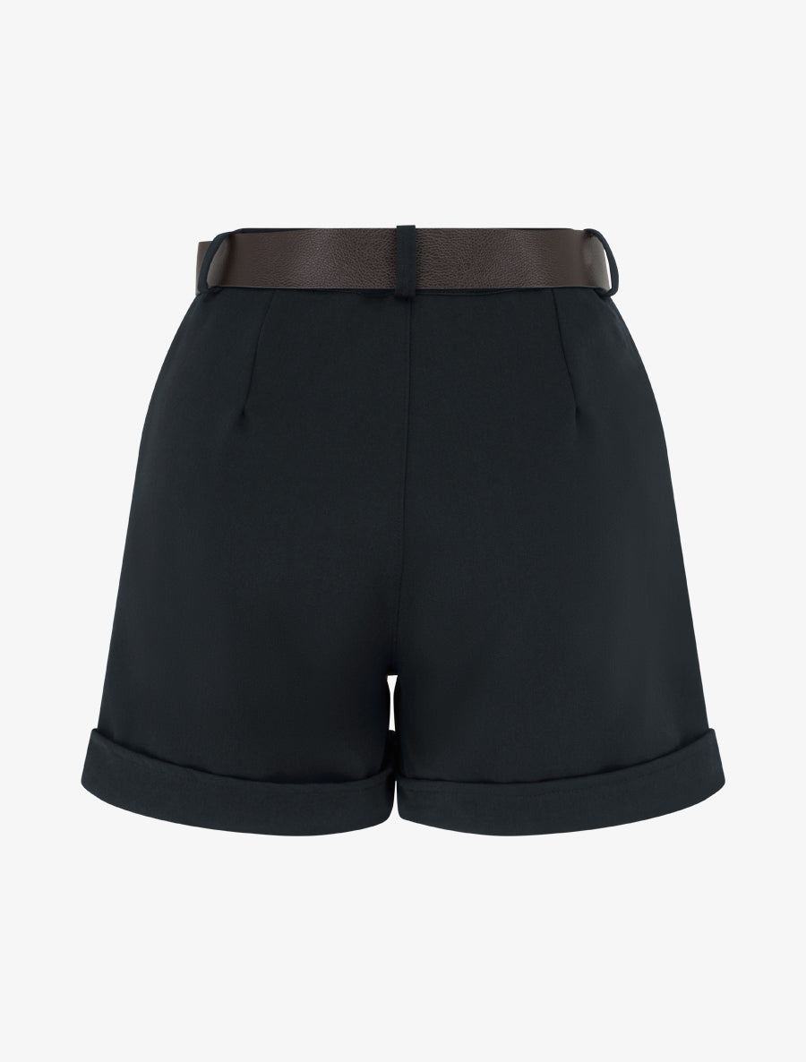High-Waisted Cuffed Shorts - Black