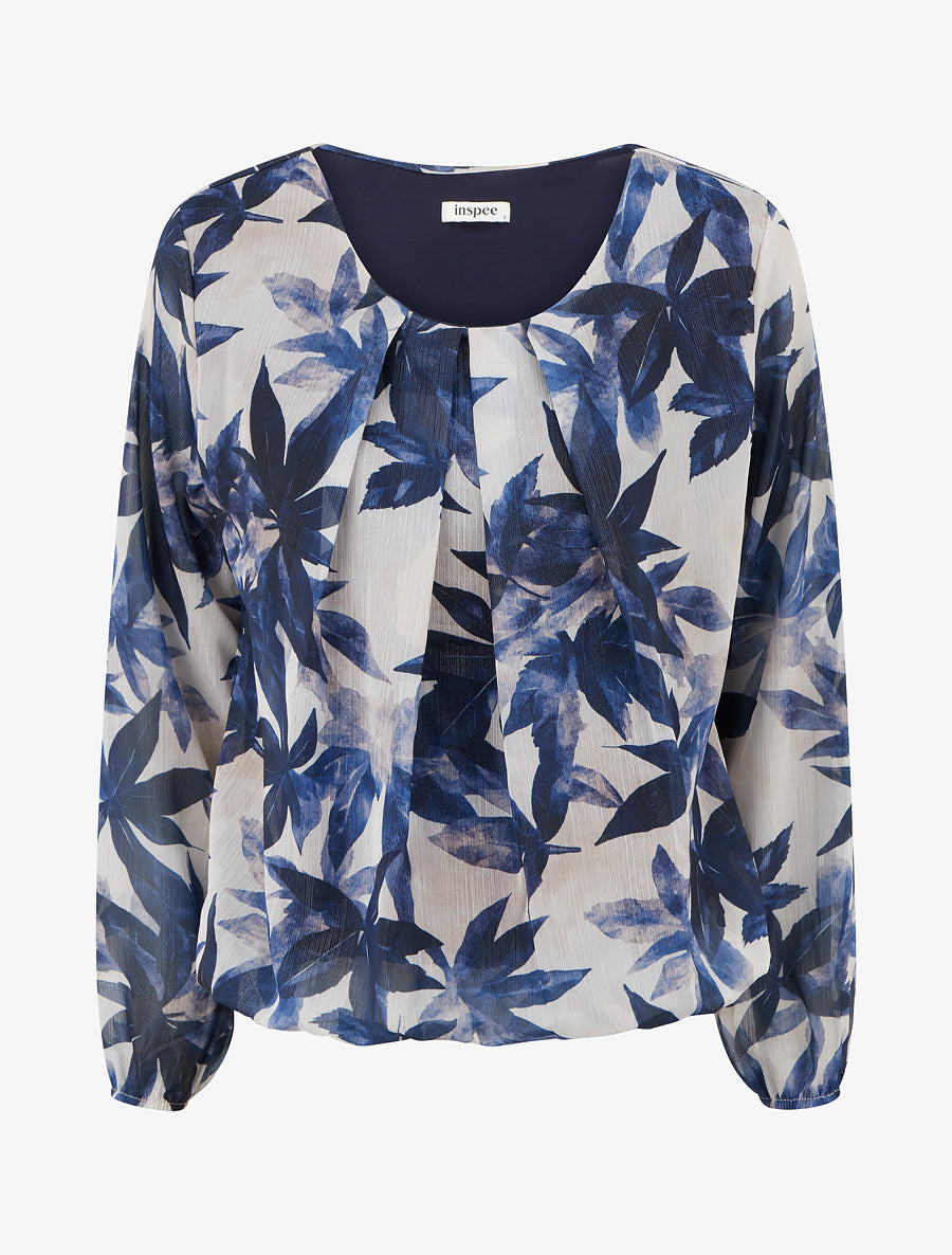 Pleated Collar Printed Balloon Top