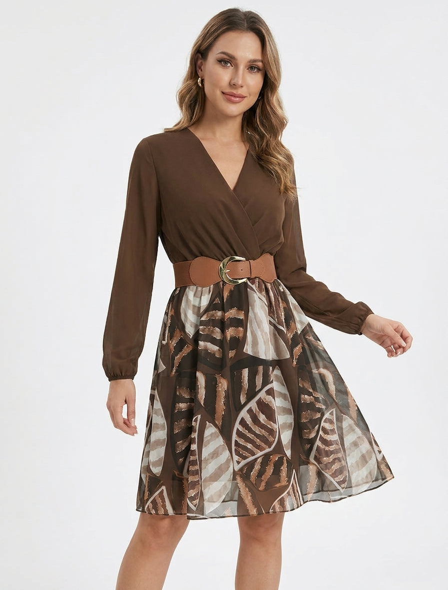 Belted Wrap-Front Flowing Dress