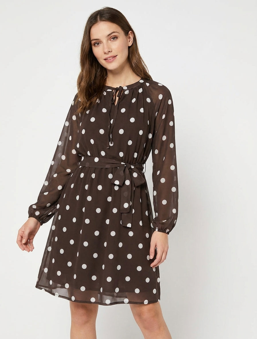 Flowing Polka Dot Tie-Waist Dress