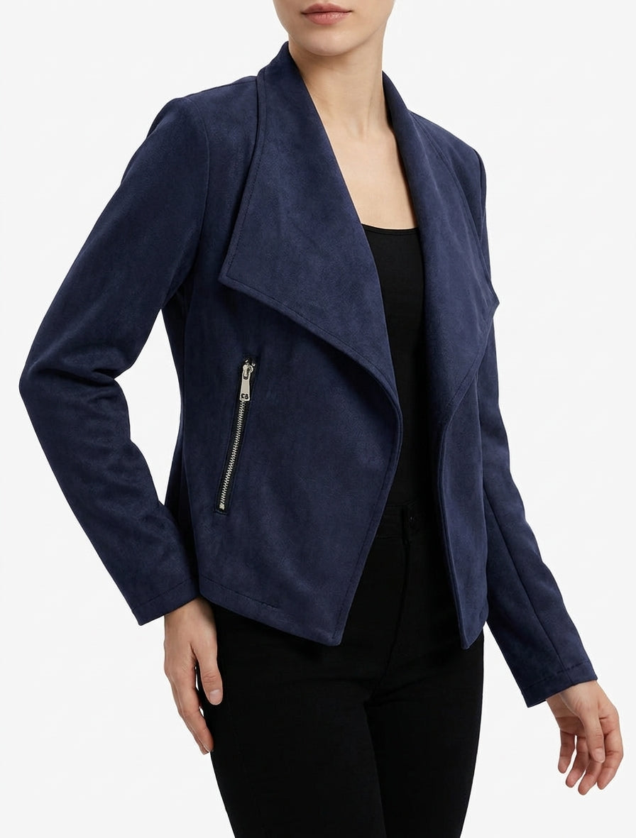 Suedette Jacket with Straight Collar and Zip