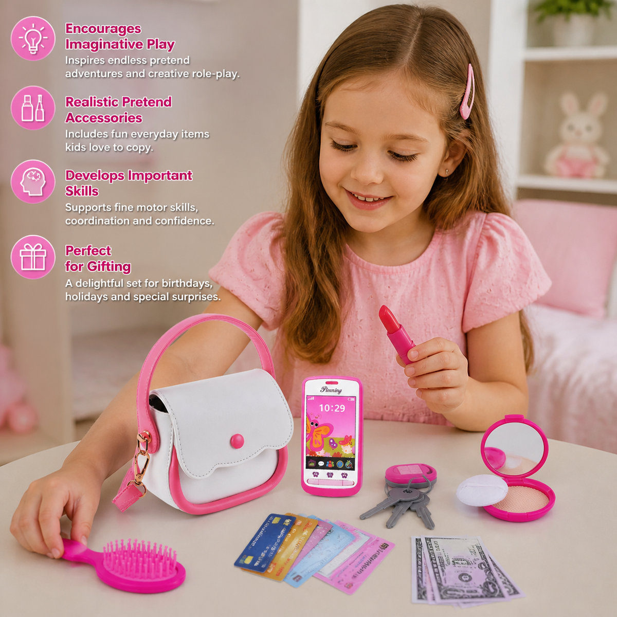 Kids Pretend Play Handbag Set with Phone, Makeup & Accessories