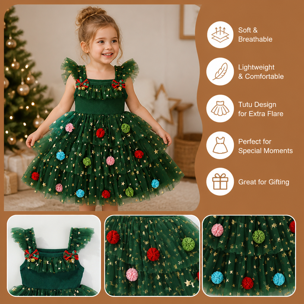Girls' Christmas Tutu Dress with Pom-Poms, Sequin Stars & Ruffled Sleeves