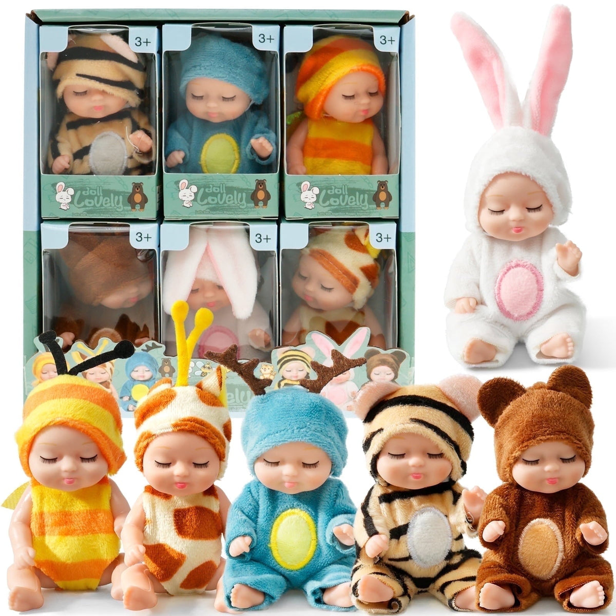 6-Piece Mini Reborn Baby Doll Set with Animal Outfits