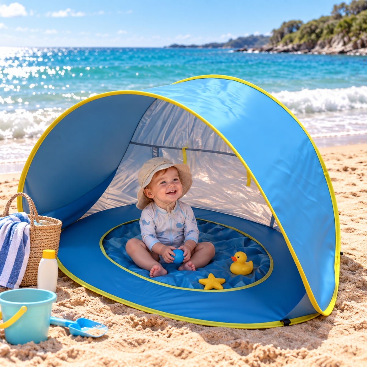 3-in-1 Baby Beach Tent with Splash Pool | UPF 50+ Pop-Up Sun Shade - Blue