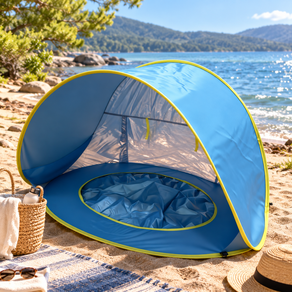 3-in-1 Baby Beach Tent with Splash Pool | UPF 50+ Pop-Up Sun Shade - Blue