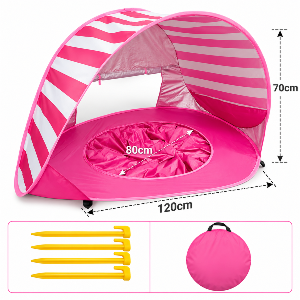 3-in-1 Baby Beach Tent with Splash Pool | UPF 50+ Pop-Up Sun Shade - Striped Pink