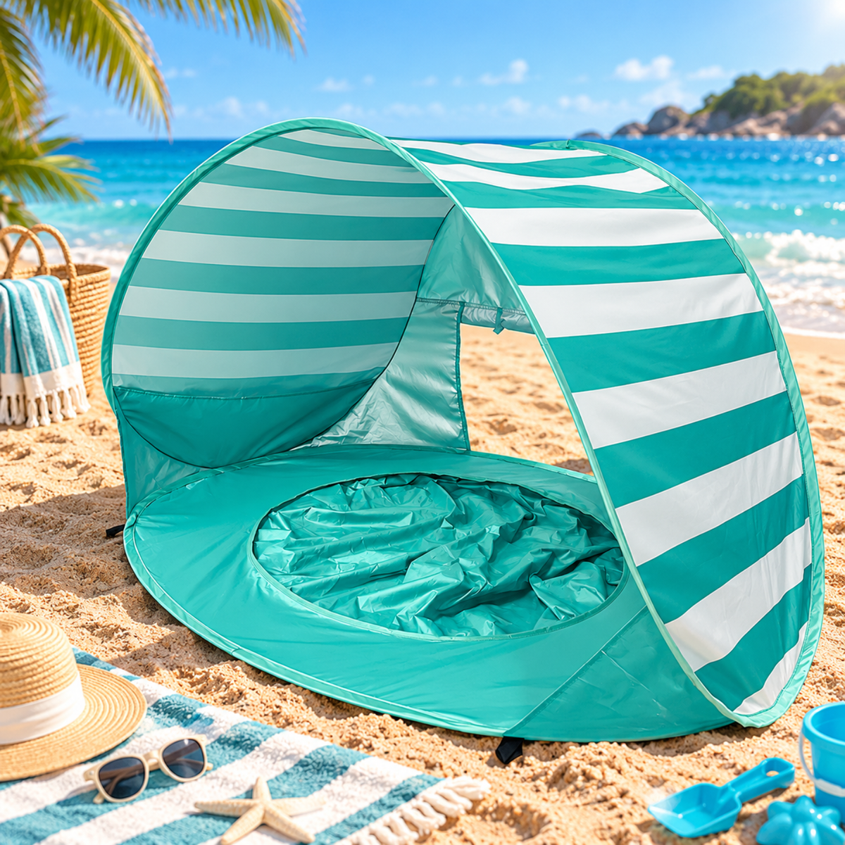3-in-1 Baby Beach Tent with Splash Pool | UPF 50+ Pop-Up Sun Shade - Aqua
