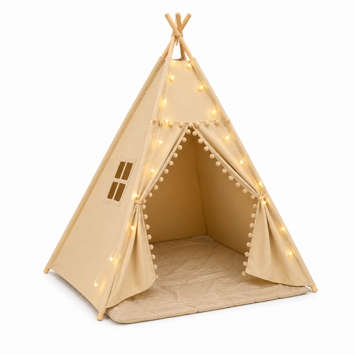 Kids Teepee Tent with Padded Mat and Pom Pom Decor