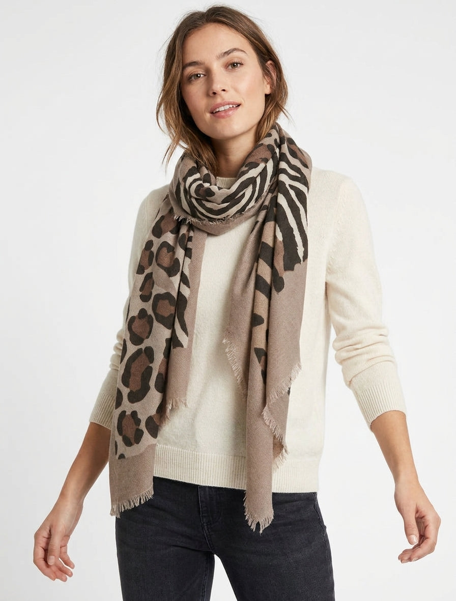 Zebra and Leopard Print Scarf - Beige