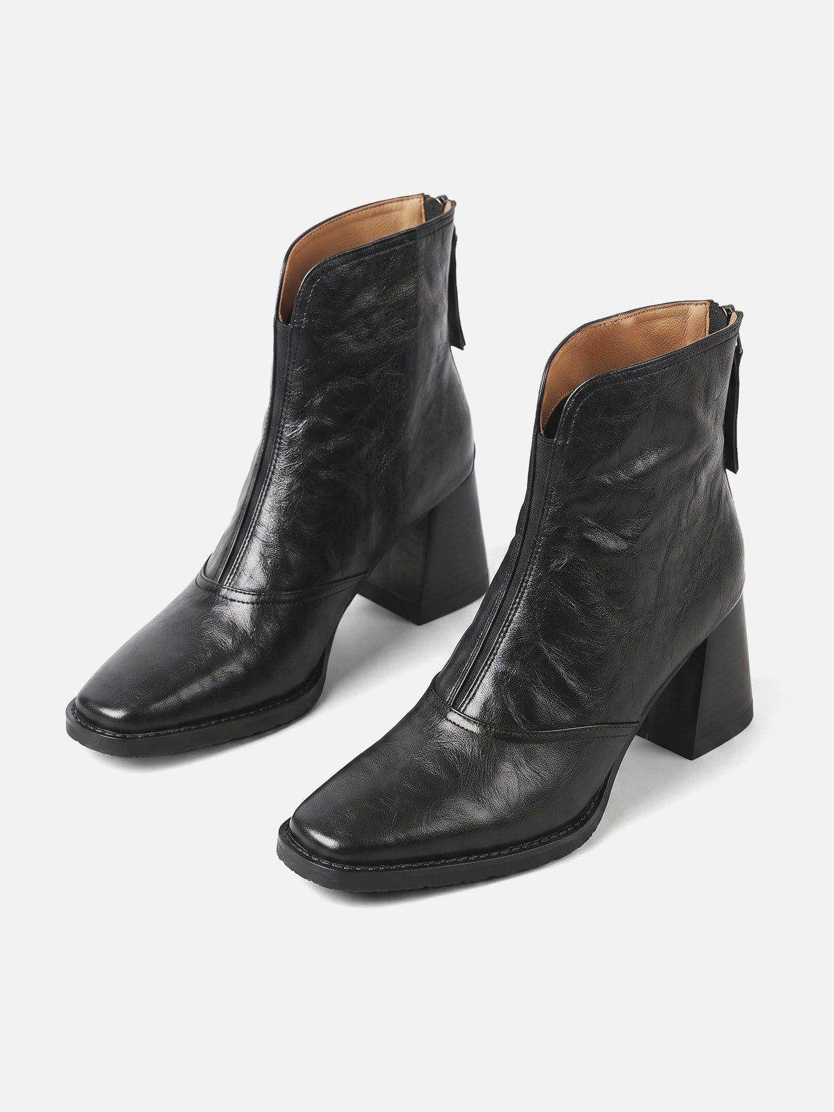 Women's Leather Ankle Boots with Block Heel and Zipper