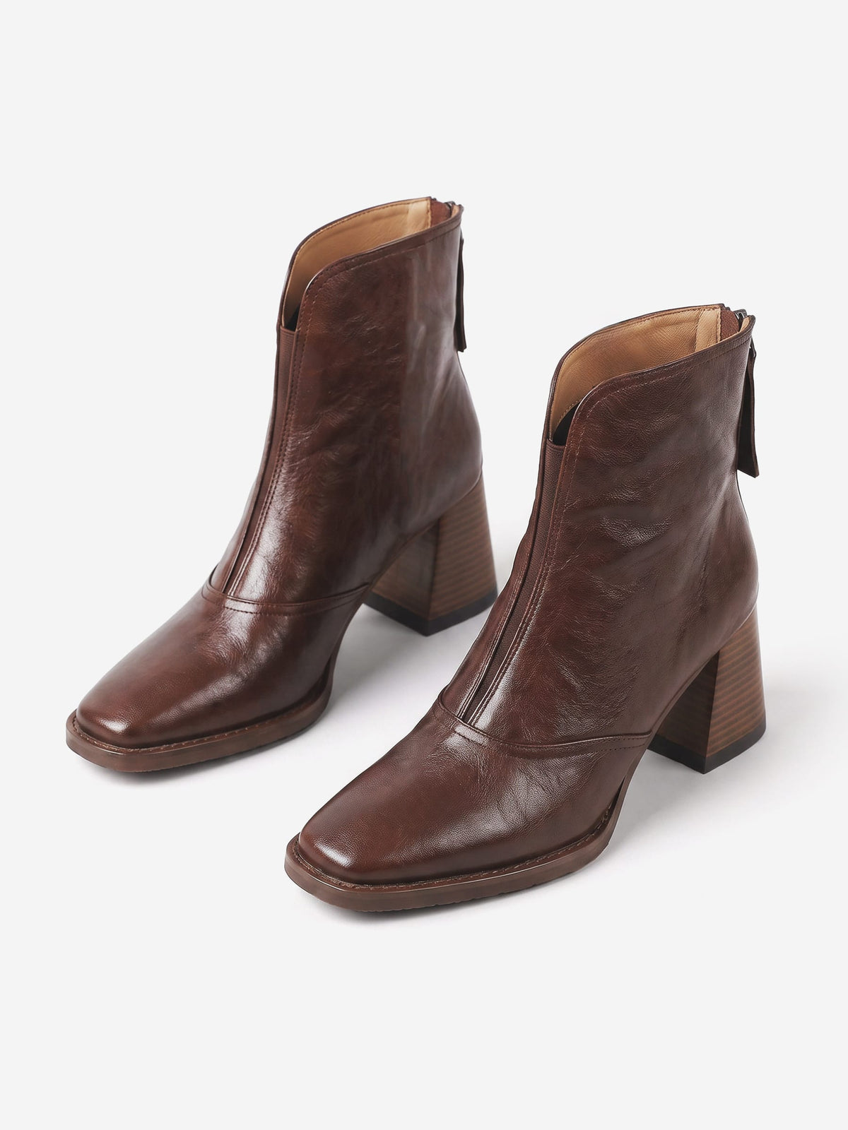 Women's Leather Ankle Boots with Block Heel and Zipper