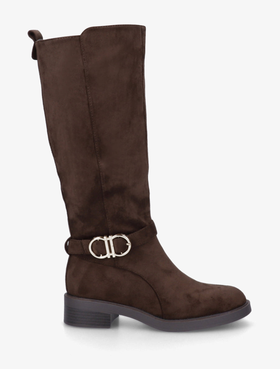 Suede Block Heel Boots with Buckle
