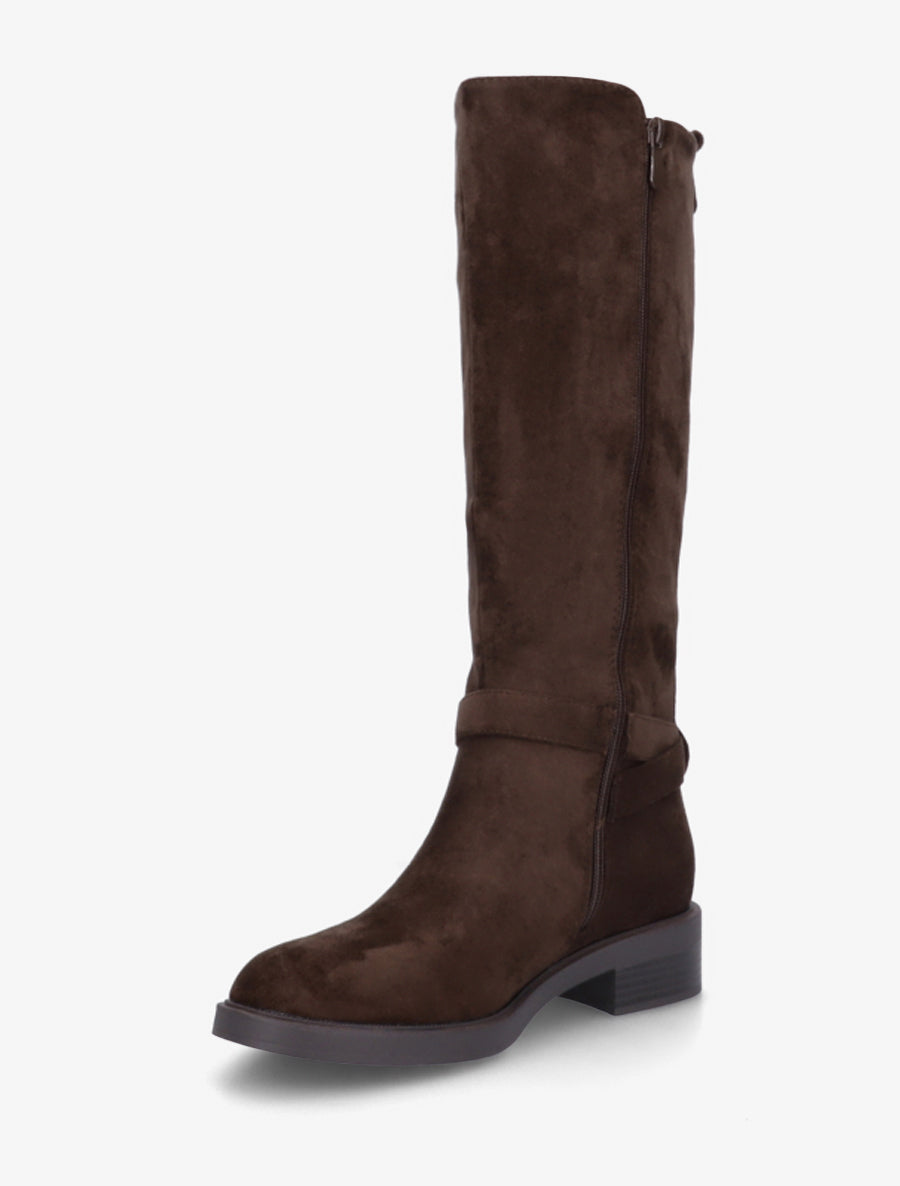 Suede Block Heel Boots with Buckle