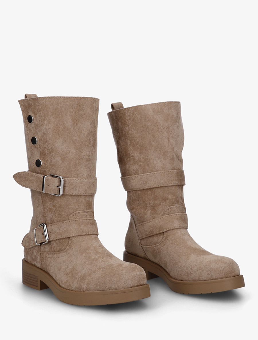 Suede Block Heel Ankle Boots with Buckles