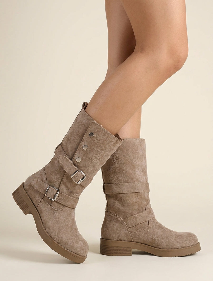 Suede Block Heel Ankle Boots with Buckles