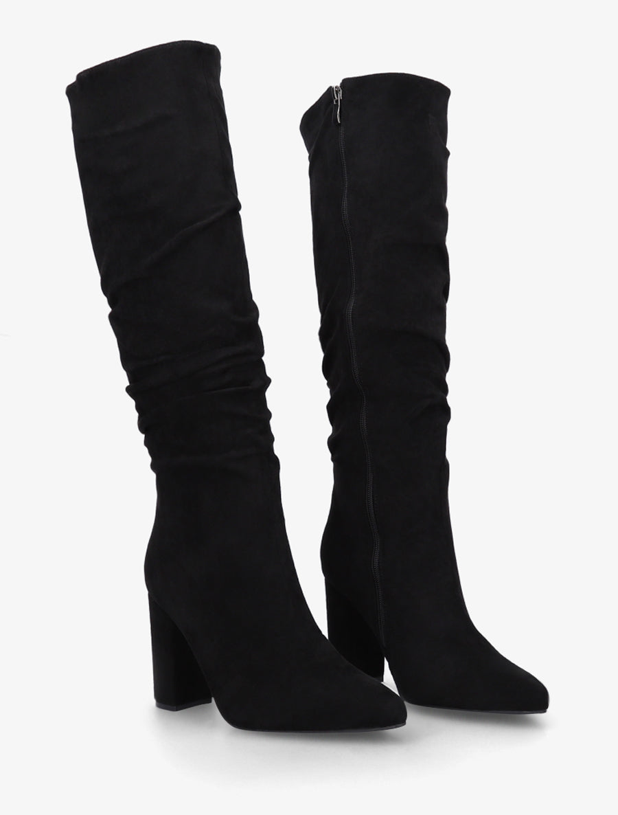 Suede Boots with Square Heel and Zip - Black