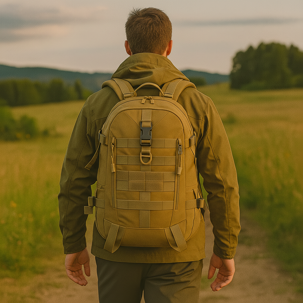40-liter tactical backpack water-resistant with padded straps and reflective strips