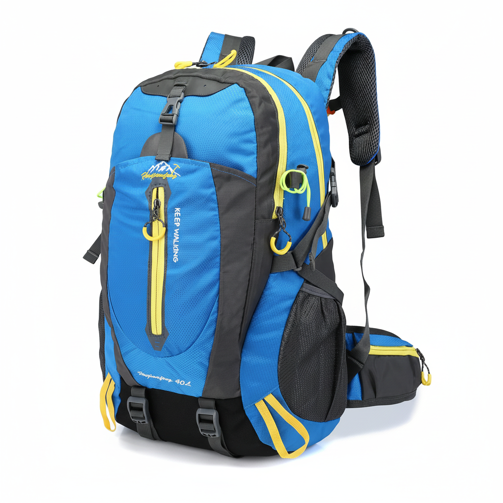 40-liter waterproof backpack with padded back panel and laptop compartment