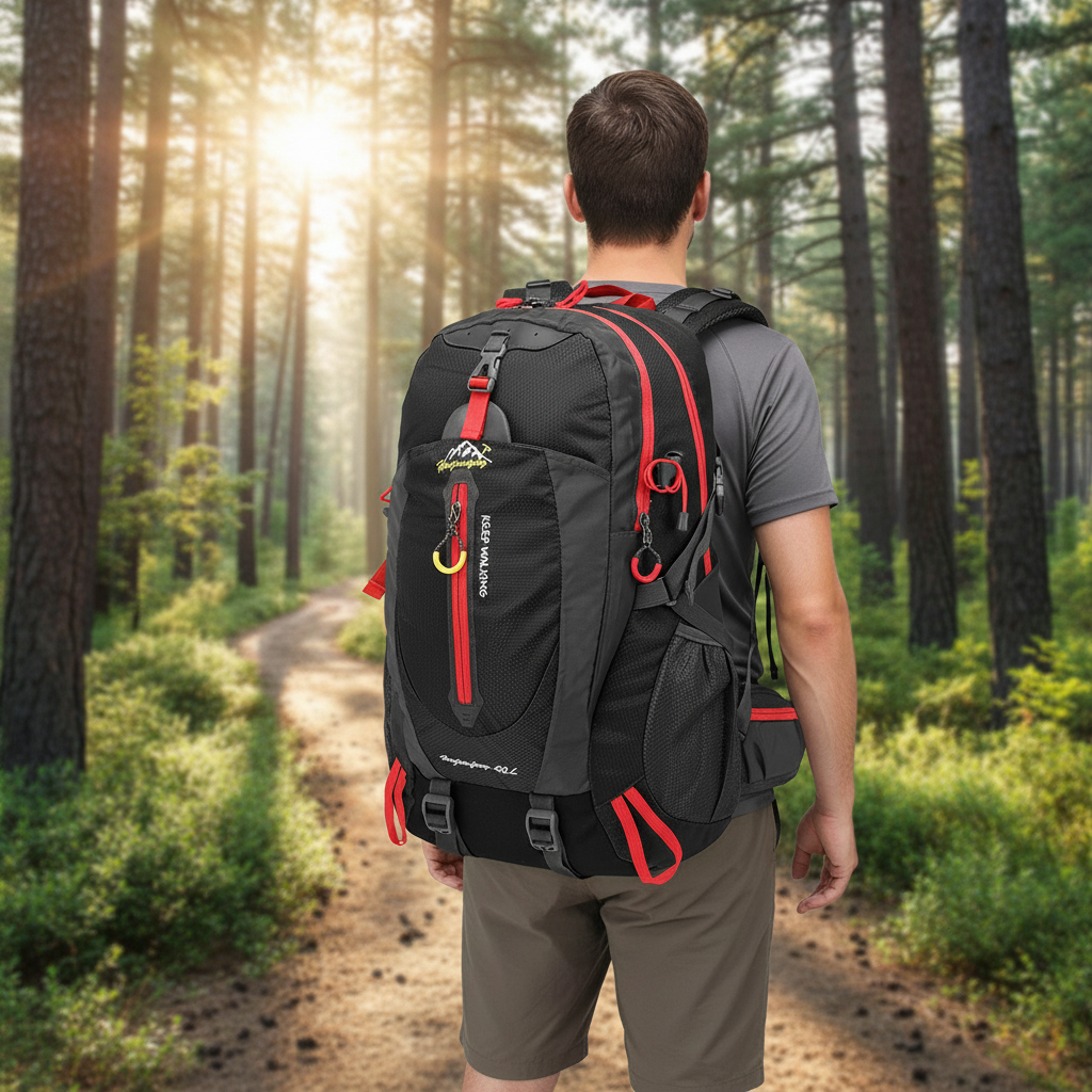 40-liter waterproof backpack with padded back panel and laptop compartment