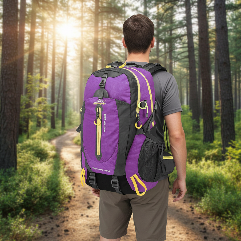 40-liter waterproof backpack with padded back panel and laptop compartment