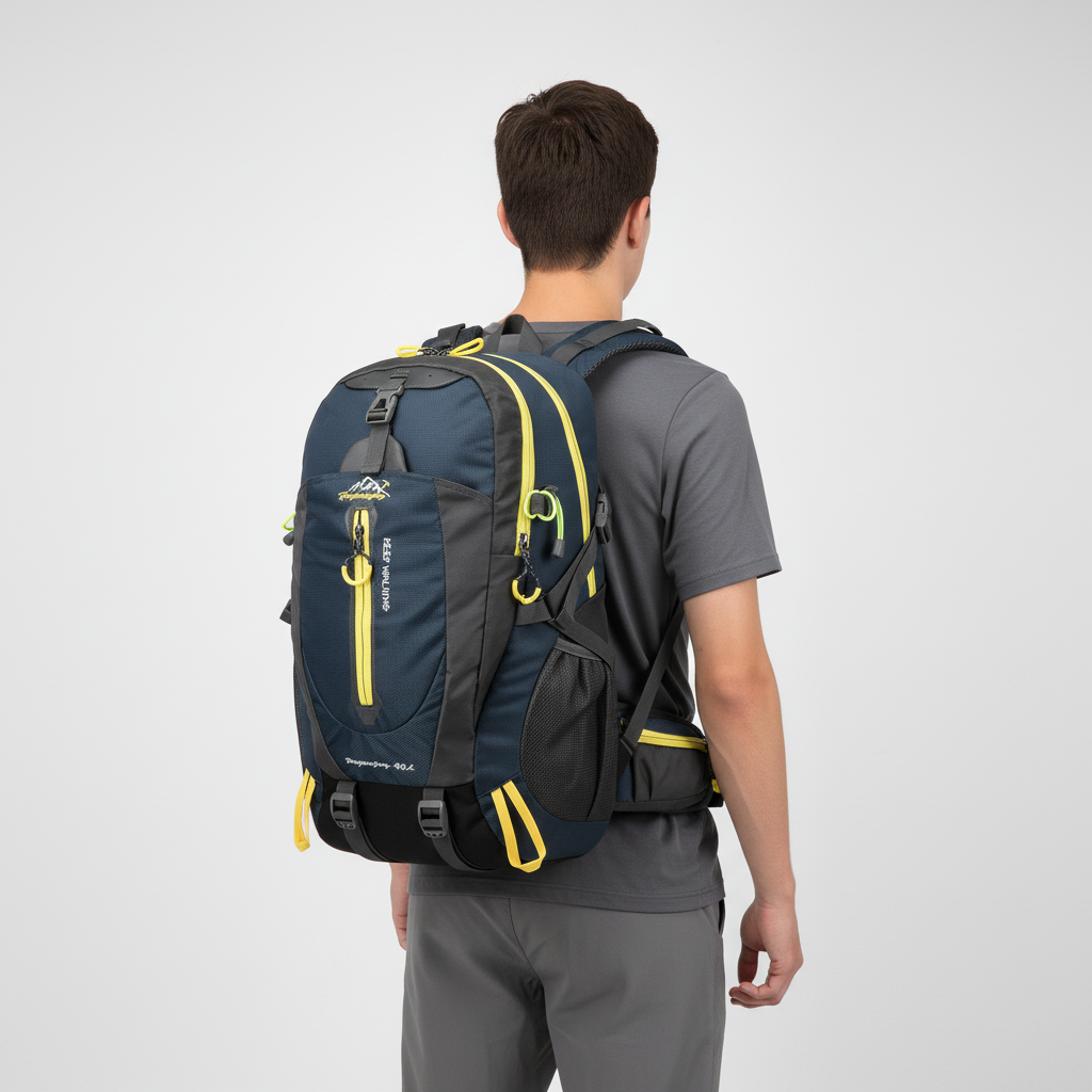 40-liter waterproof backpack with padded back panel and laptop compartment
