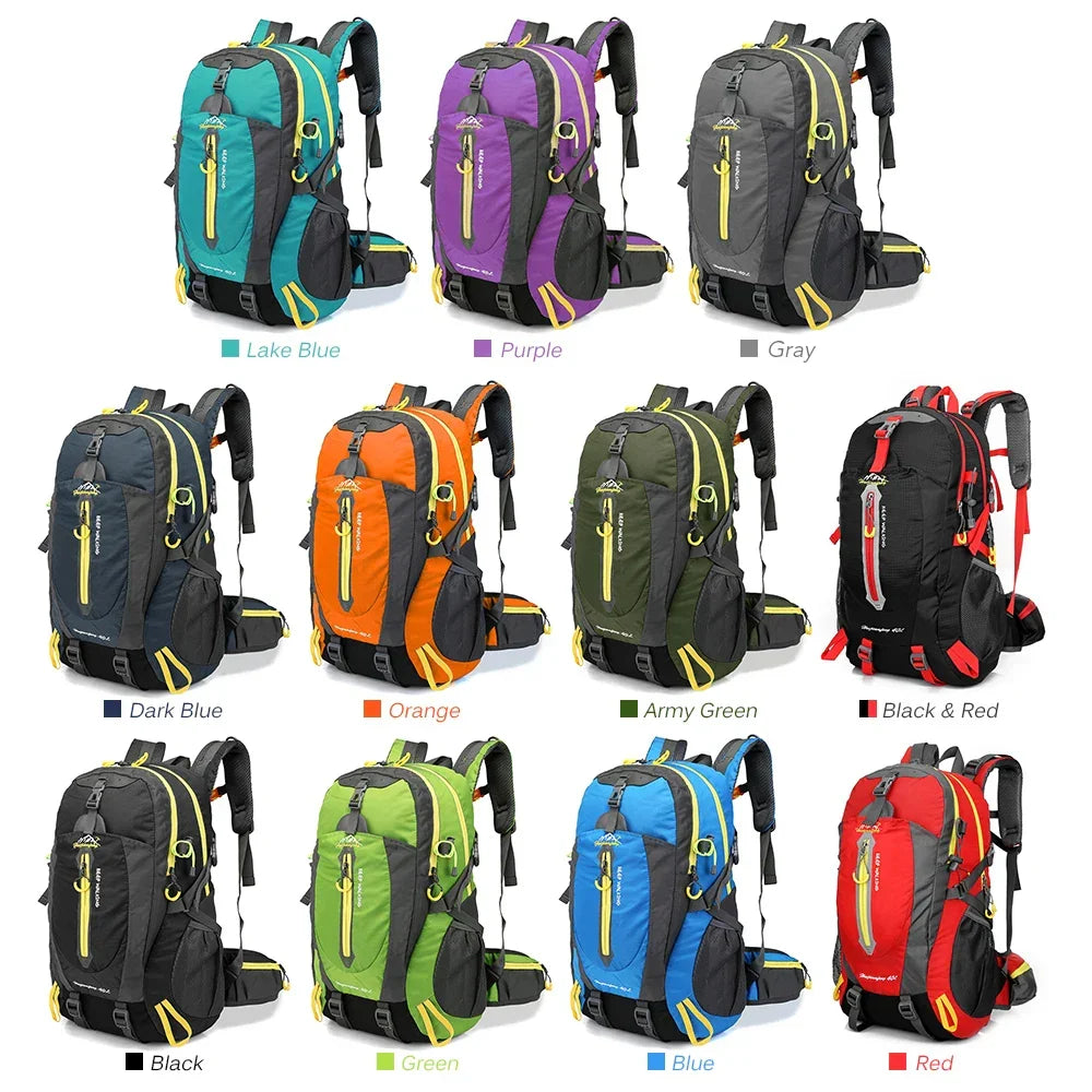 40-liter waterproof backpack with padded back panel and laptop compartment