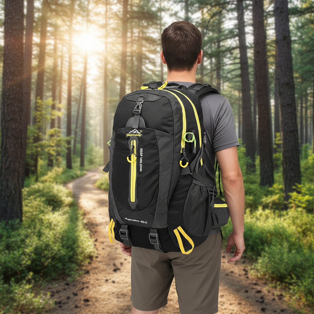40-liter waterproof backpack with padded back panel and laptop compartment