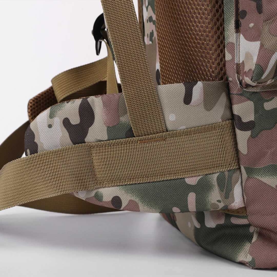 Trekking backpack with MOLLE webbing and padded back panel for hiking