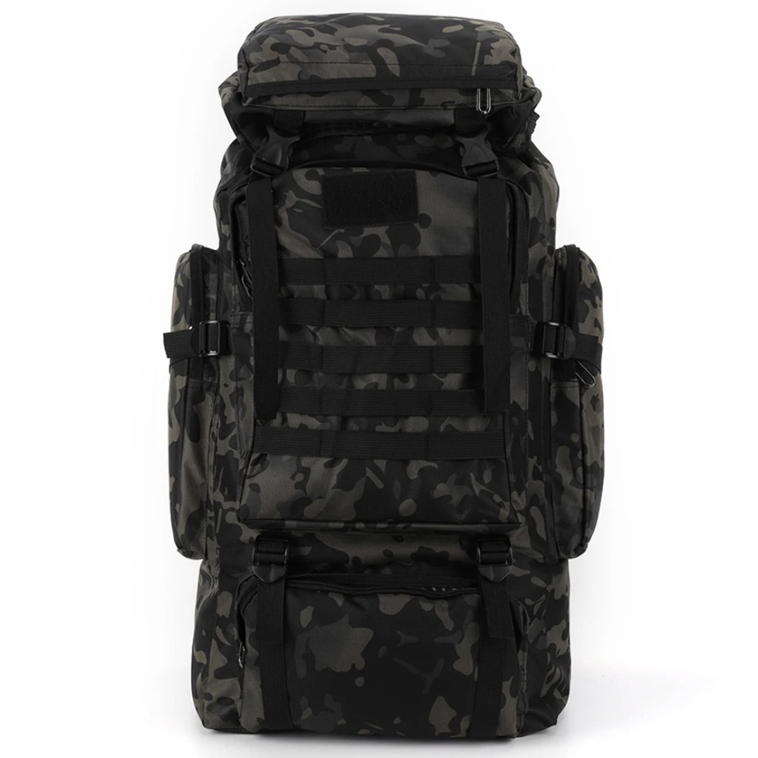 Trekking backpack with MOLLE webbing and padded back panel for hiking