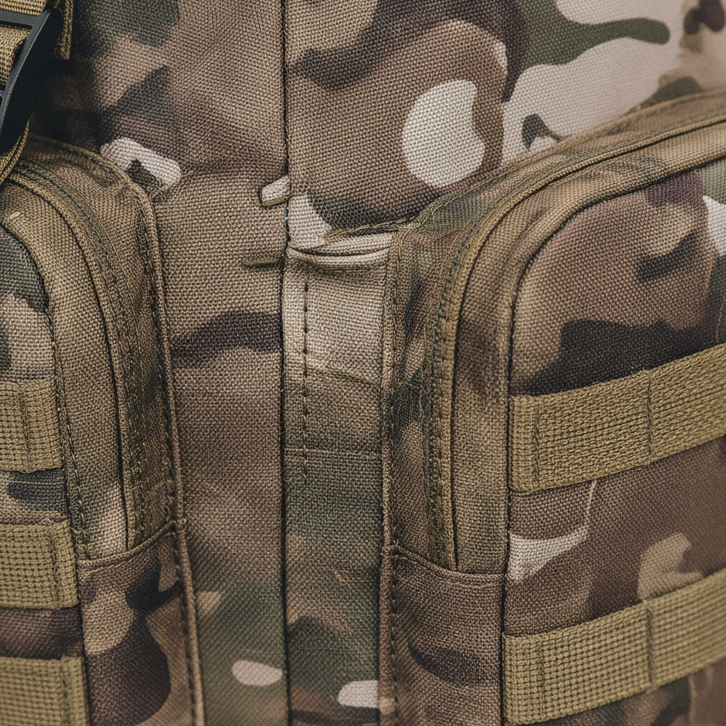 Trekking backpack with MOLLE webbing and padded back panel for hiking