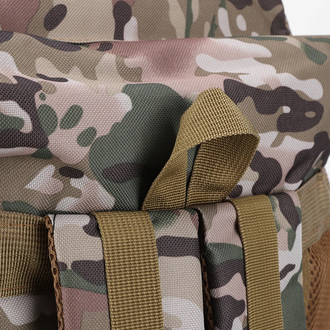 Trekking backpack with MOLLE webbing and padded back panel for hiking