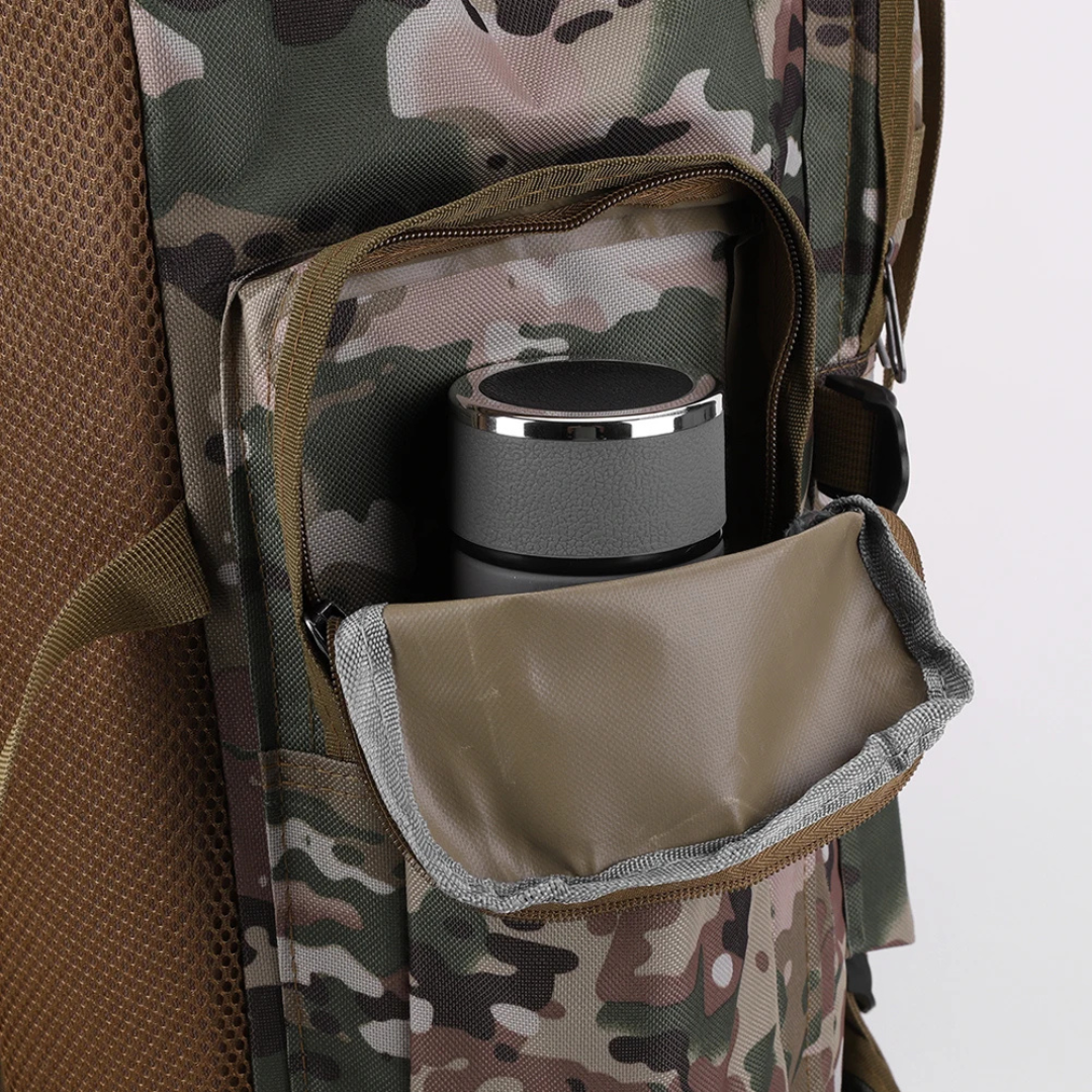 Trekking backpack with MOLLE webbing and padded back panel for hiking
