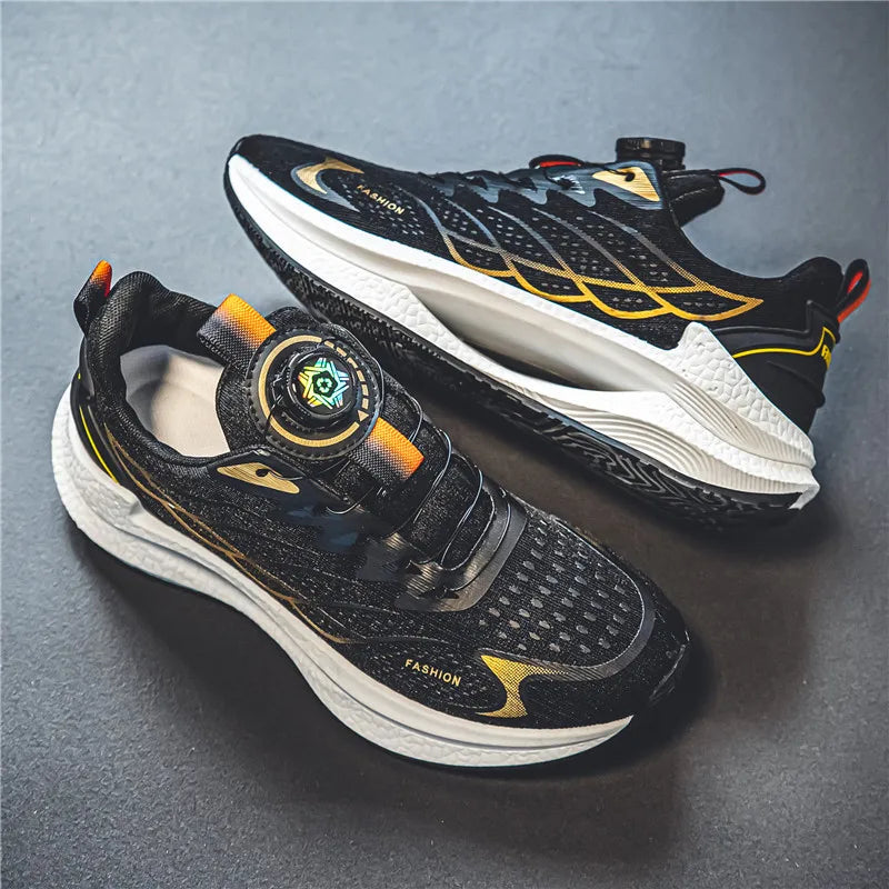 Men's breathable running shoes with rotating buckle closure and lightweight cushioned midsole