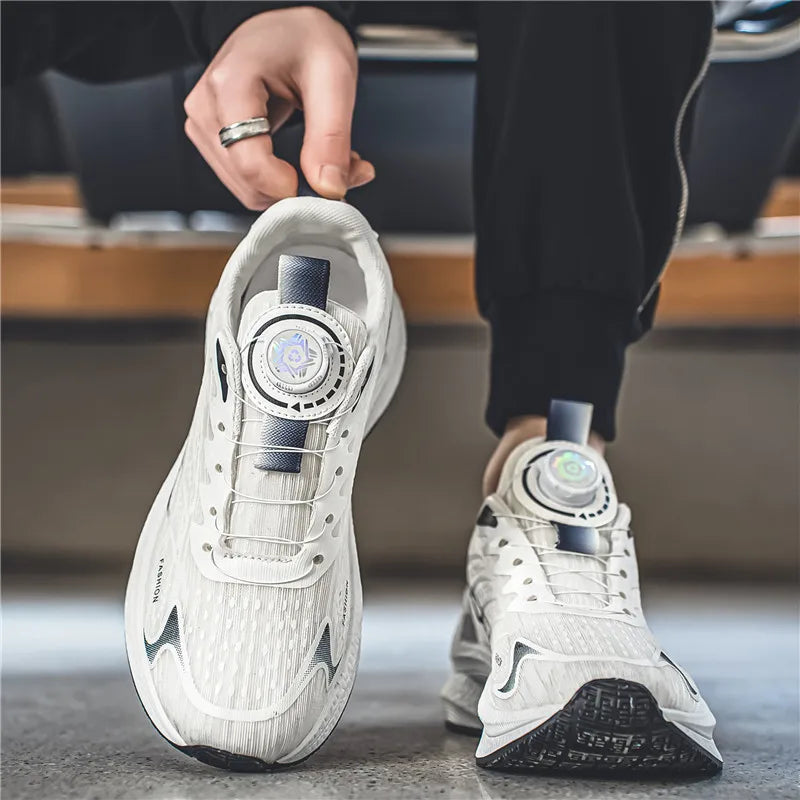 Men's breathable running shoes with rotating buckle closure and lightweight cushioned midsole