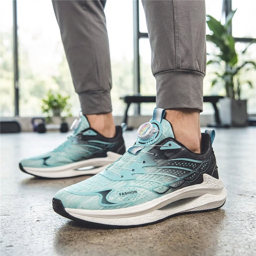 Men's breathable running shoes with rotating buckle closure and lightweight cushioned midsole