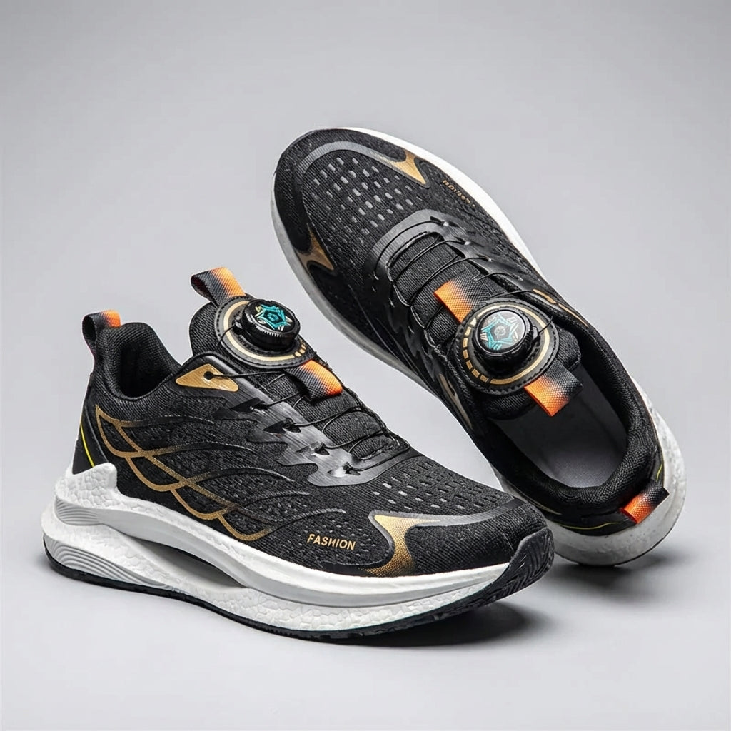 Men's breathable running shoes with rotating buckle closure and lightweight cushioned midsole