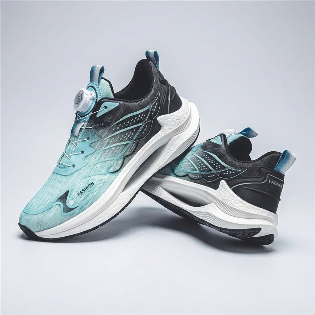 Men's breathable running shoes with rotating buckle closure and lightweight cushioned midsole