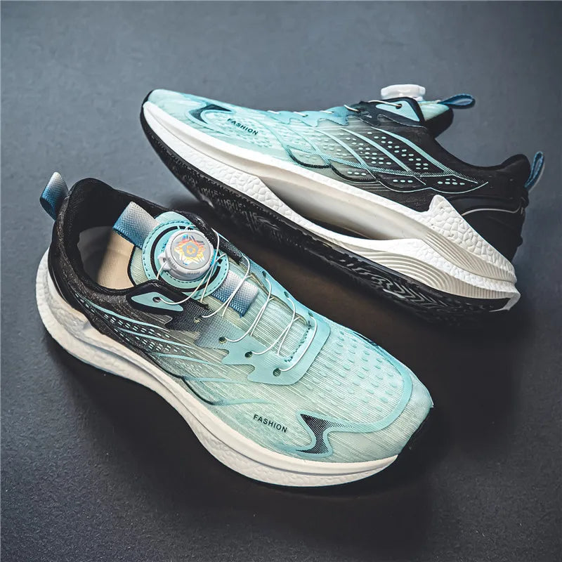 Men's breathable running shoes with rotating buckle closure and lightweight cushioned midsole
