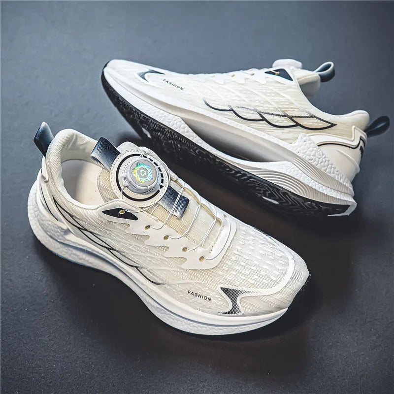 Men's breathable running shoes with rotating buckle closure and lightweight cushioned midsole