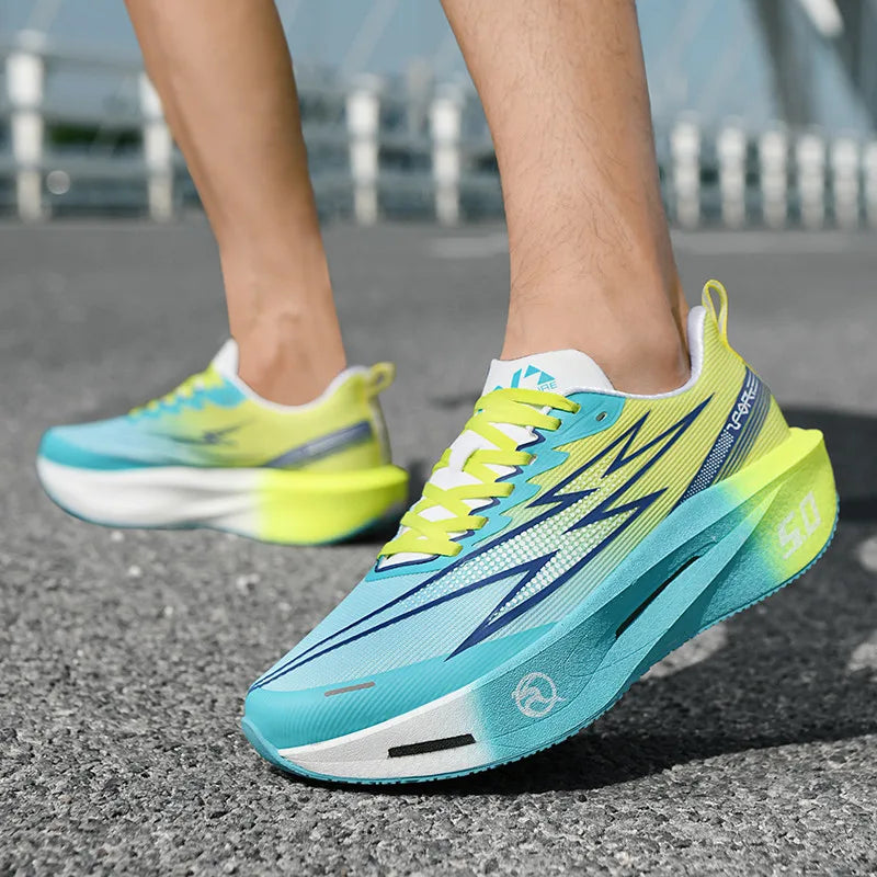 Carbon plate racing runner with responsive midsole and breathable mesh upper