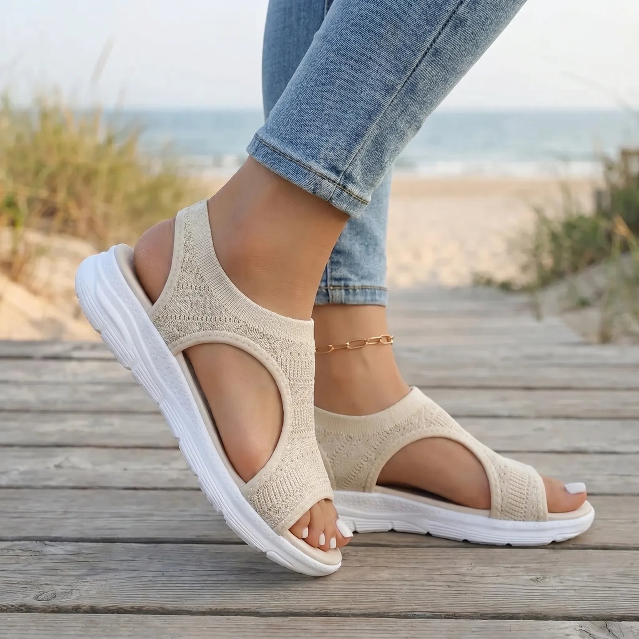 Knit sport wedge sandal with heel strap and breathable mesh upper