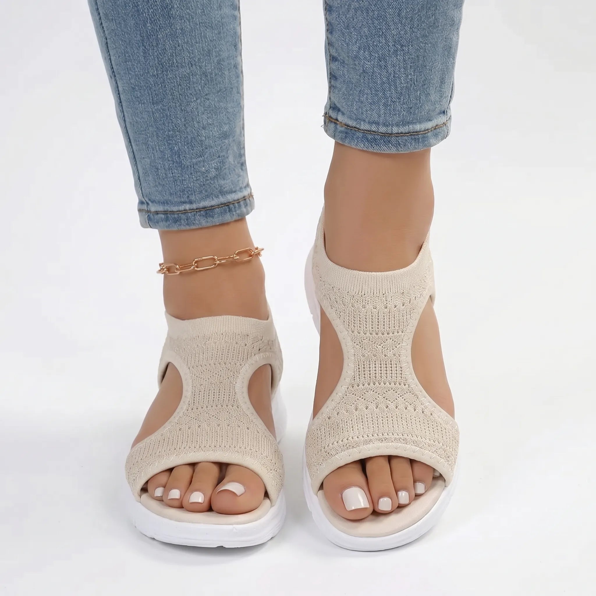 Knit sport wedge sandal with heel strap and breathable mesh upper