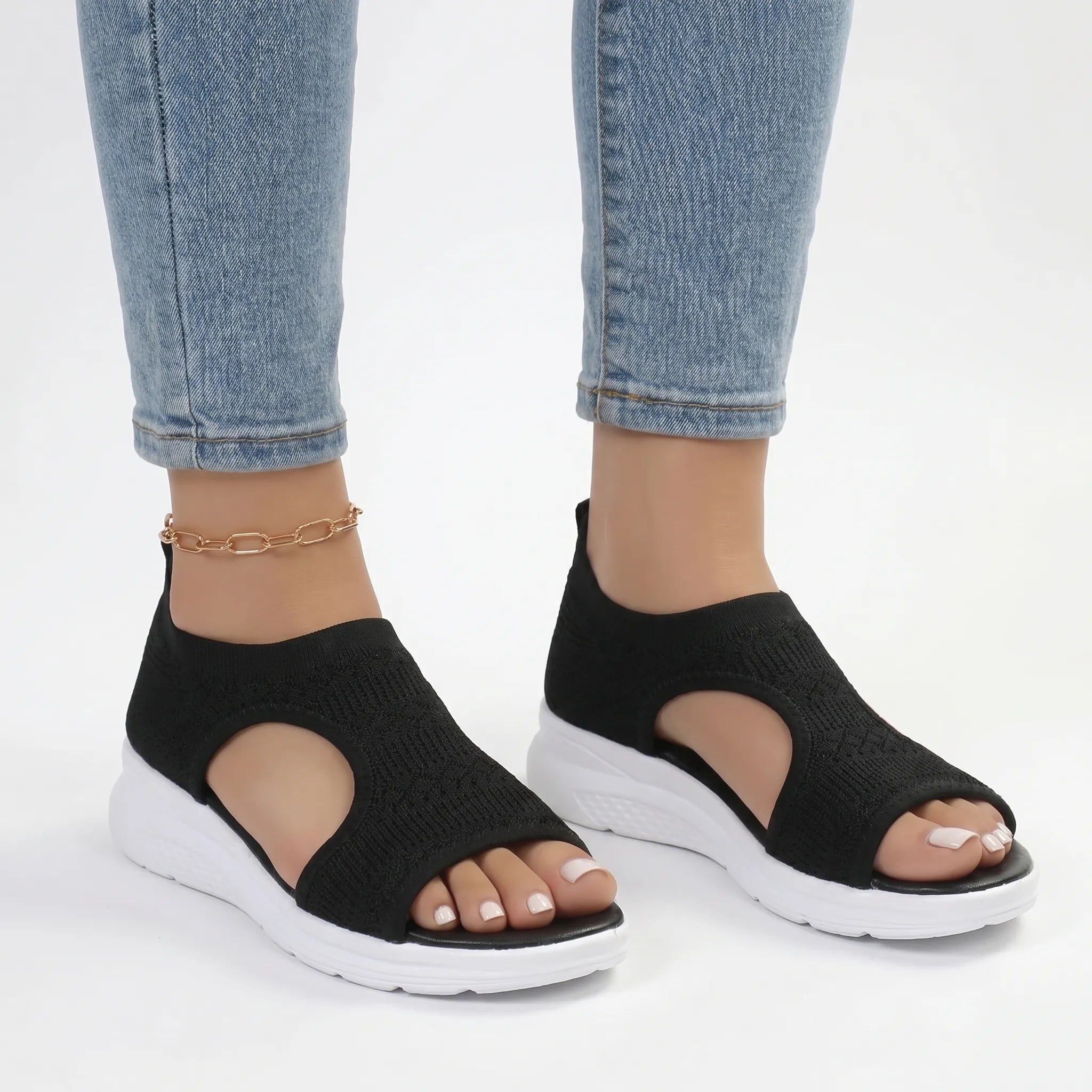 Knit sport wedge sandal with heel strap and breathable mesh upper