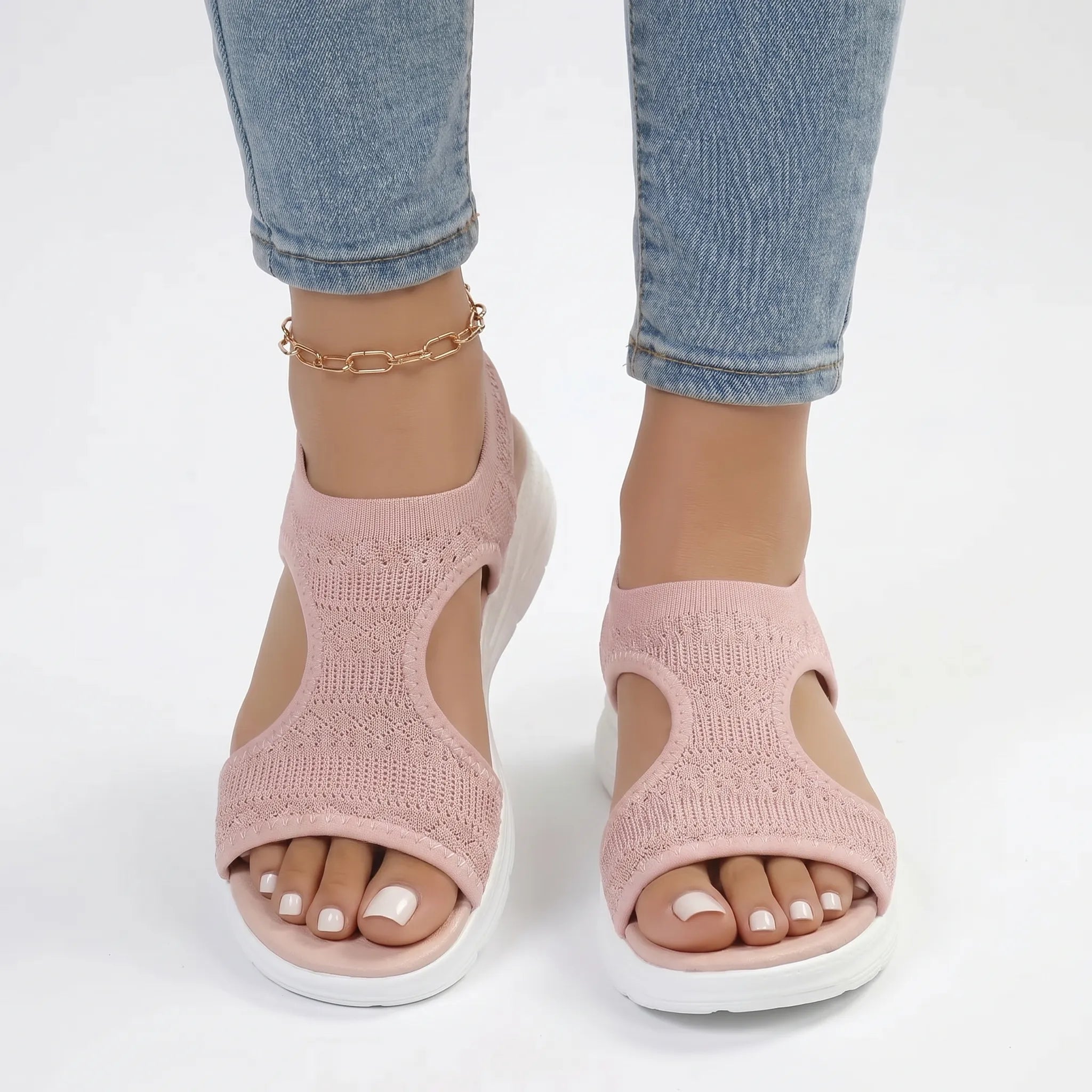 Knit sport wedge sandal with heel strap and breathable mesh upper