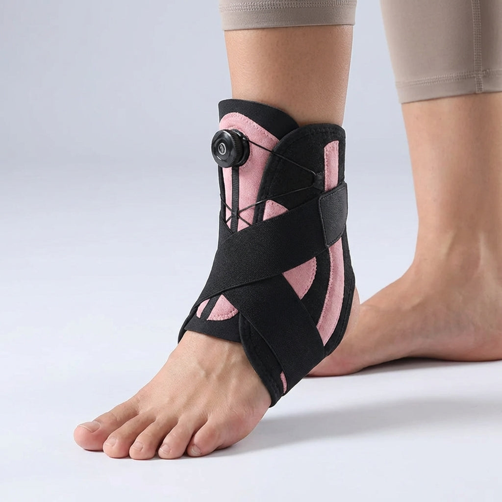 Adjustable ankle support with compression dial and lateral stabilizers