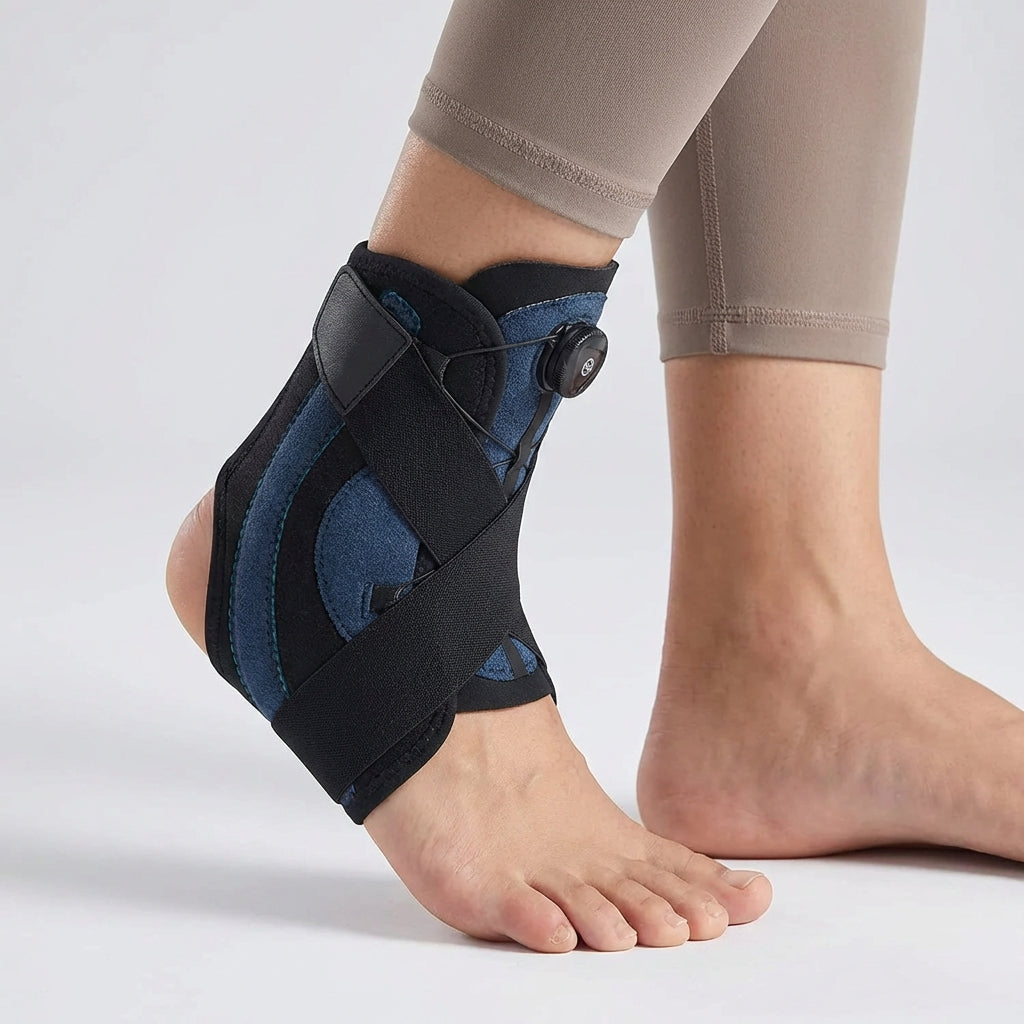 Adjustable ankle support with compression dial and lateral stabilizers
