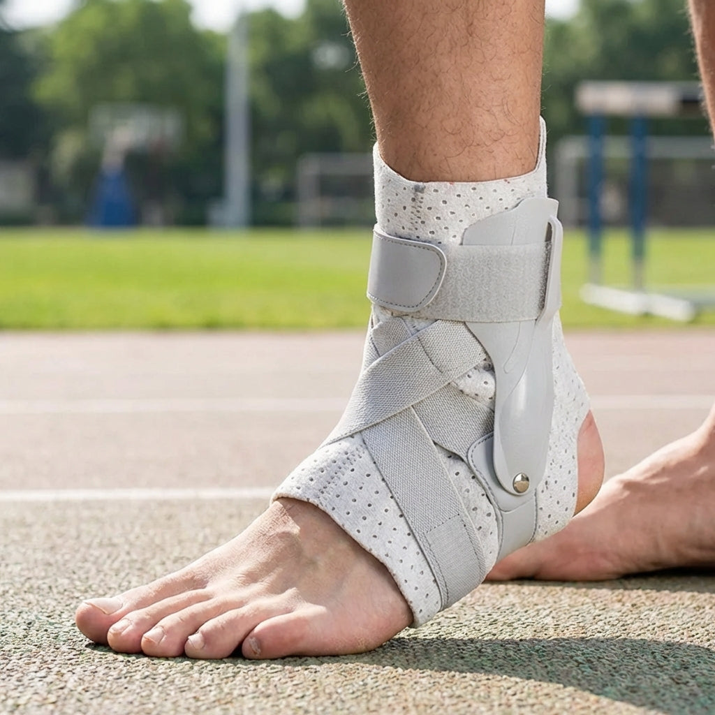 Adjustable ankle support brace with reinforced side supports and stabilizing straps